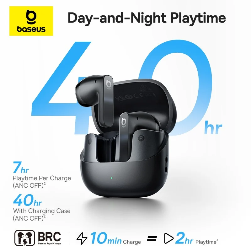 Baseus TWS Bass BS1 AI Noise Cancellation Semi-in-Ear True Wireless Earbuds 40Hr Long Battery Life Cosmic Black A0010102